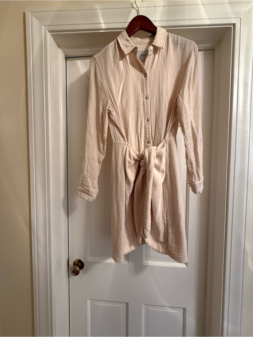 Rails Cream Button-Front Long Sleeve Shirt Dress with Waist Tie